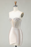Sparkly Golden Strapless Sequins Bodycon Corset Homecoming Dress With Beading