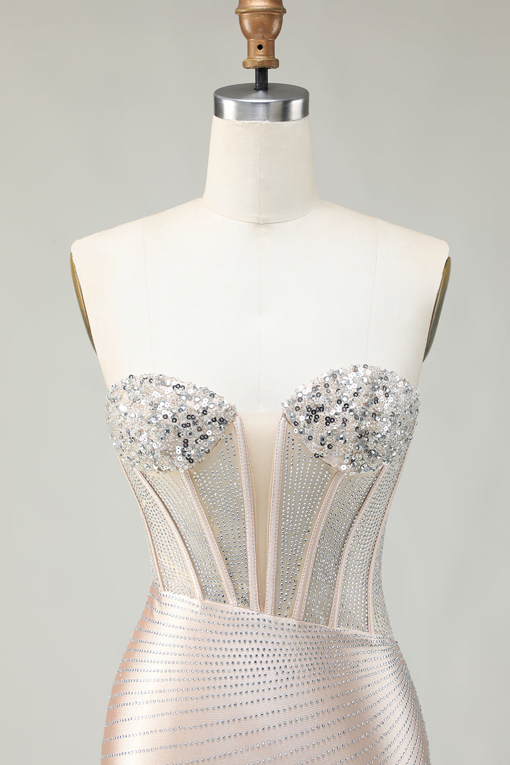 Sparkly Golden Strapless Sequins Bodycon Corset Homecoming Dress With Beading