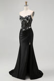 Black Strapless Mermaid Corset Long Prom Dress with Lace Up Back