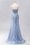 Sparkly Grey Blue Spaghetti Straps Mermaid Satin Prom Dress with Rhinestones