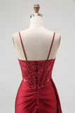 Burgundy Corset Mermaid Long Prom Dress with Beading