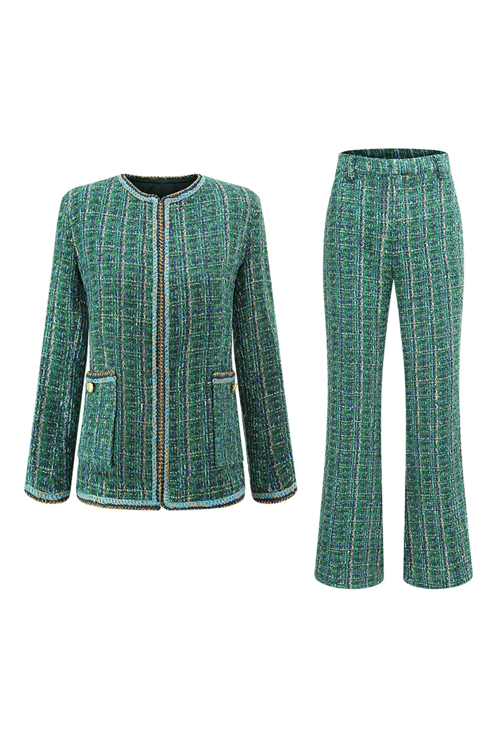 Dark Green Tweed 2 Piece Women's Suit with Pockets
