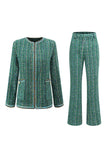 Dark Green Tweed 2 Piece Women's Suit with Pockets
