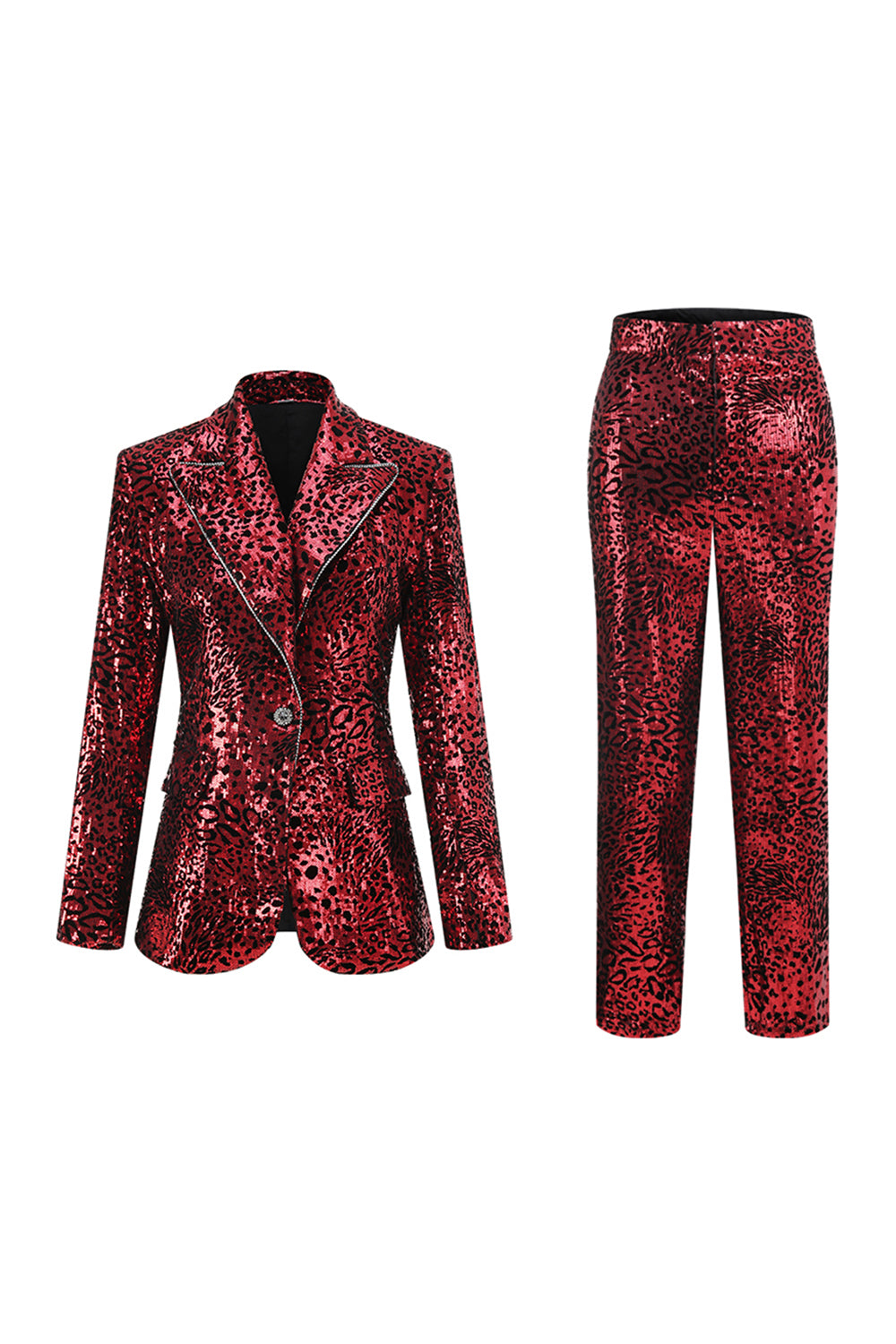 Red Leopard Sequin 2 Piece Peak Lapel Women's Prom Suit