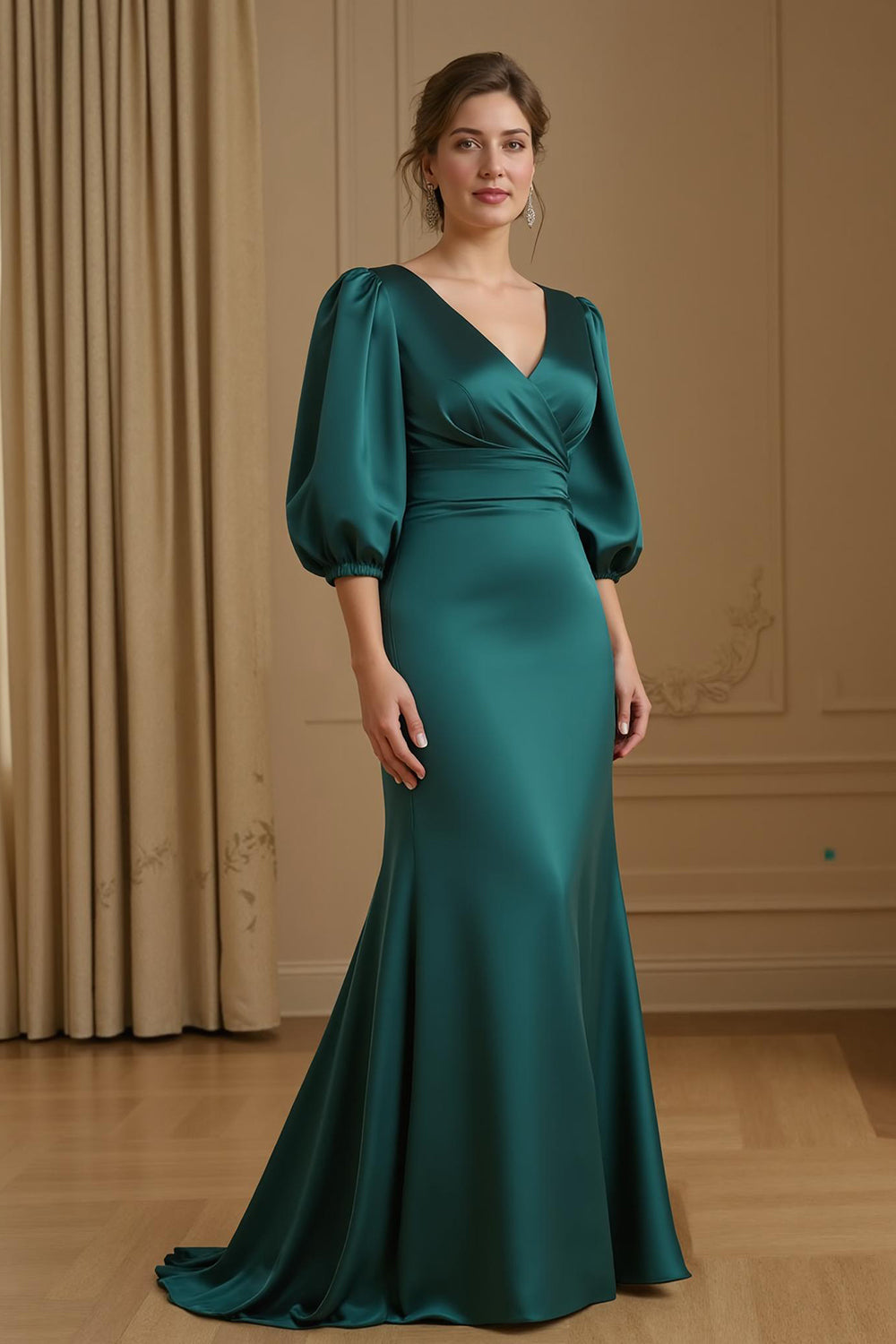 Mermaid Satin V Neck Navy Wedding Guest Dress with 3/4 Sleeves
