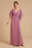 Dusty Rose A Line Flutter Sleeve Chiffon Wedding Guest Dress with Appliques