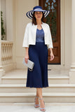 2 Piece Chiffon Midi Navy Mother of the Bride Dress with 3/4 Sleeves