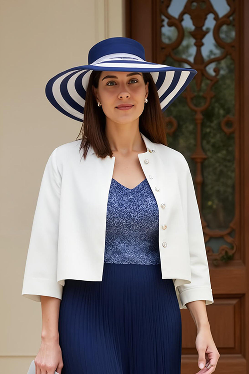 2 Piece Chiffon Midi Navy Mother of the Bride Dress with 3/4 Sleeves