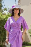 Purple Ruched V Neck Midi Wedding Guest Dress with Flutter Sleeves