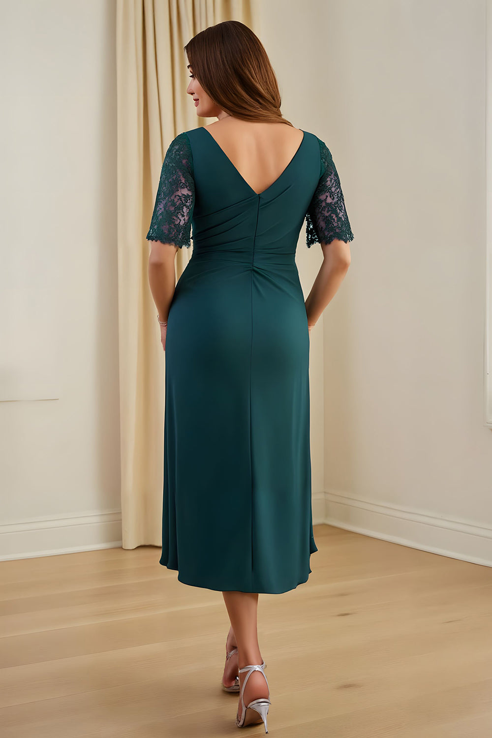 Pine Sheath V Neck Ruched Midi Wedding Guest Dress with Lace