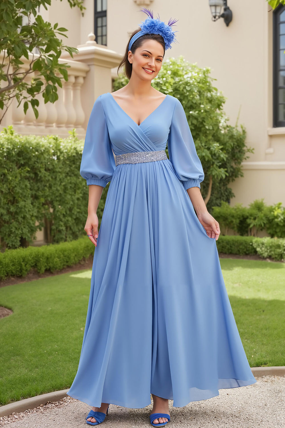 Dusty Blue A Line 3/4 Sleeve Chiffon Wedding Guest Dress with Beading