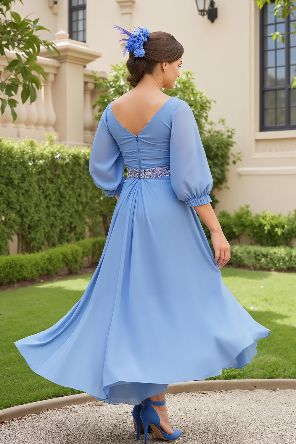 Dusty Blue A Line 3/4 Sleeve Chiffon Wedding Guest Dress with Beading