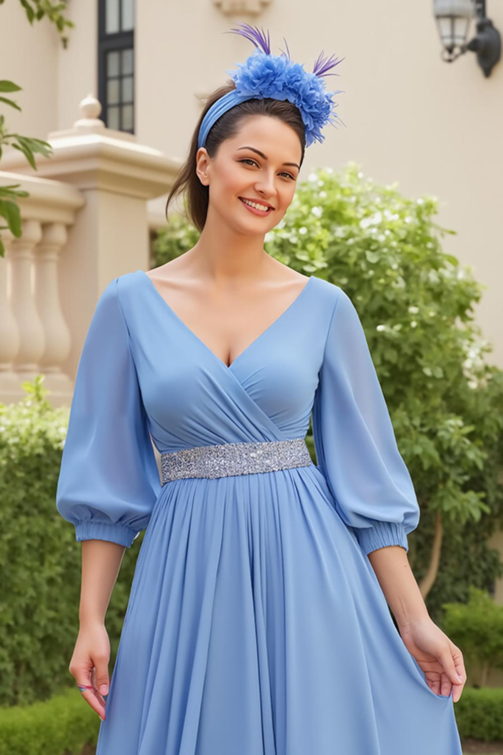 Dusty Blue A Line 3/4 Sleeve Chiffon Wedding Guest Dress with Beading