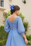 Dusty Blue A Line 3/4 Sleeve Chiffon Wedding Guest Dress with Beading