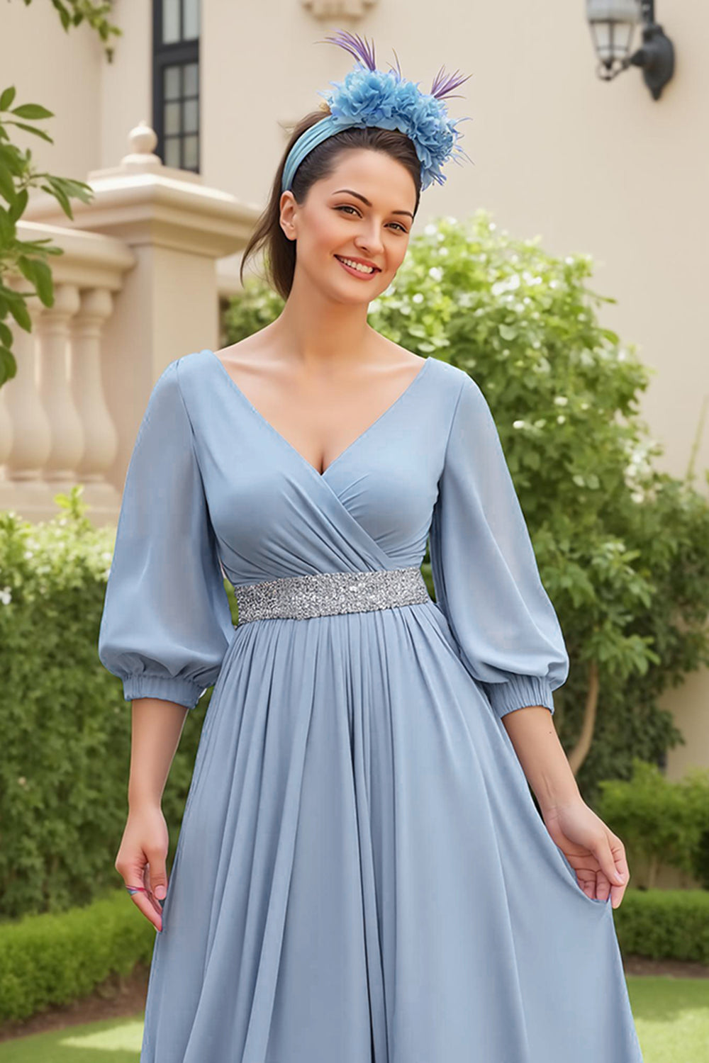 Dusty Blue A Line 3/4 Sleeve Chiffon Wedding Guest Dress with Beading
