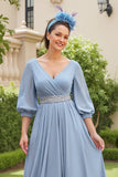 Dusty Blue A Line 3/4 Sleeve Chiffon Wedding Guest Dress with Beading
