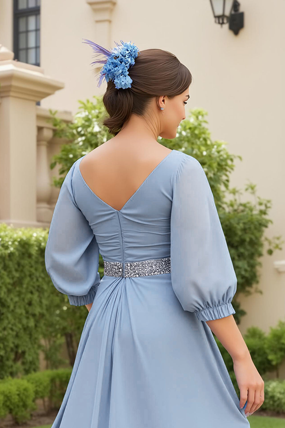 Dusty Blue A Line 3/4 Sleeve Chiffon Wedding Guest Dress with Beading