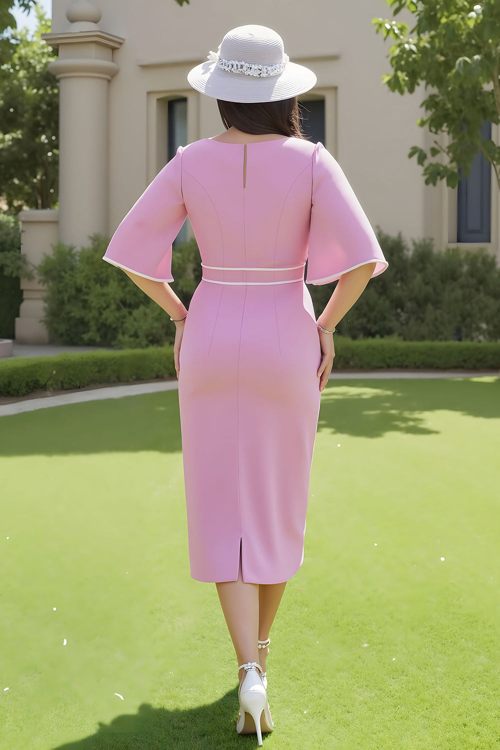 Candy Pink Ruched Midi Wrap Wedding Guest Dress with Half Sleeves