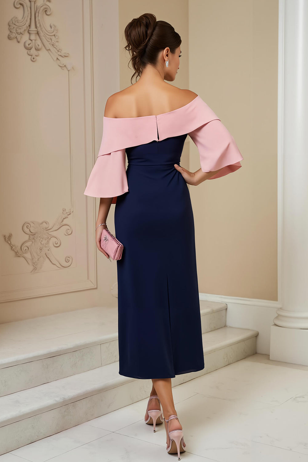 Off the Shoulder Navy Sheath Appliqued Midi Wedding Guest Dress with Slit
