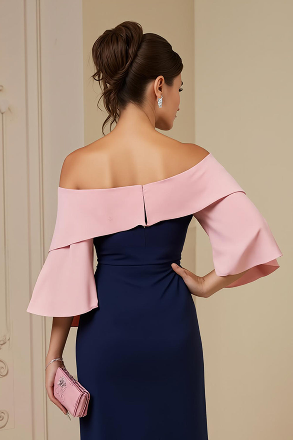 Off the Shoulder Navy Sheath Appliqued Midi Wedding Guest Dress with Slit