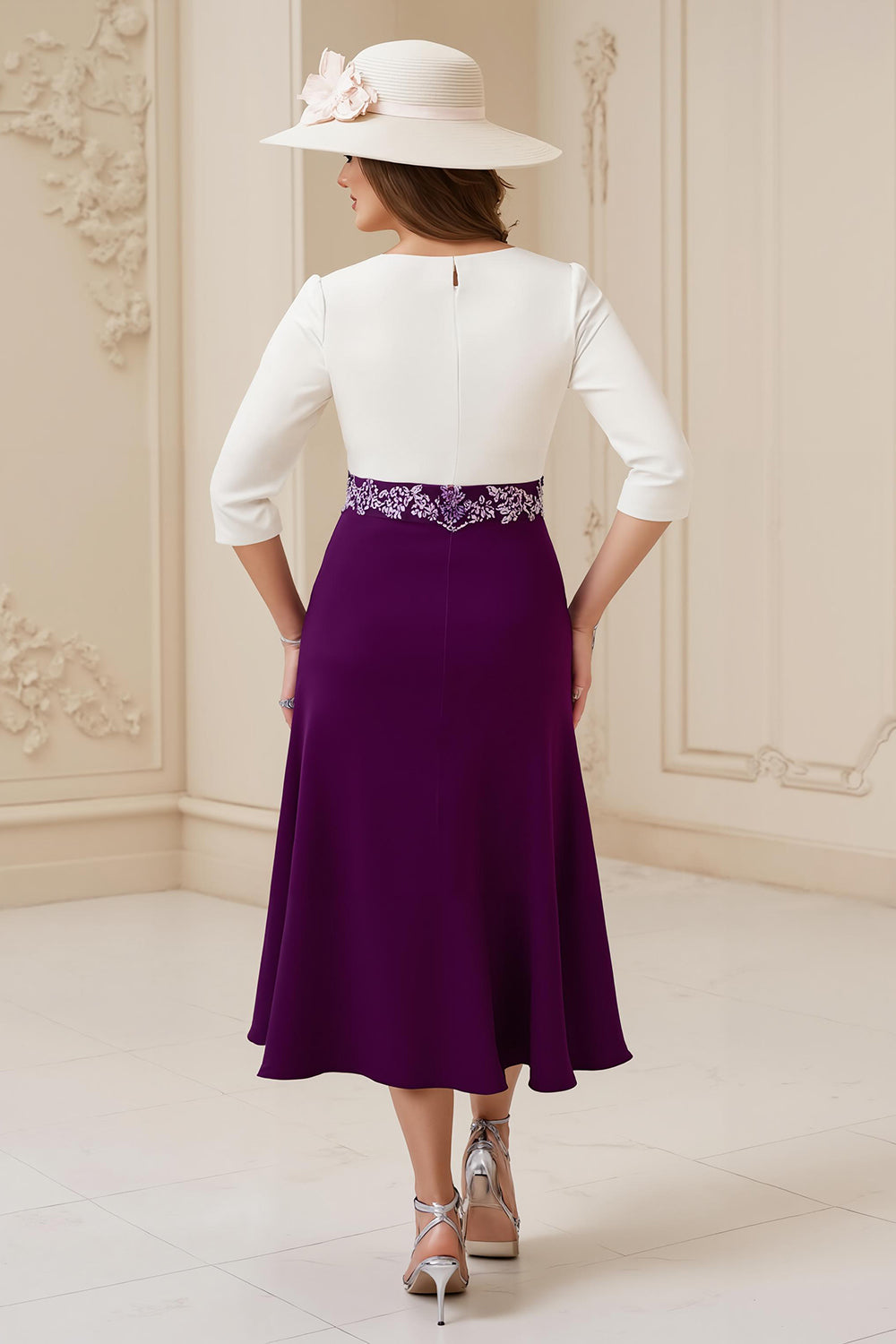 Navy A Line Bateau neck 3/4 Sleeve Midi Wedding Guest Dress with Appliques