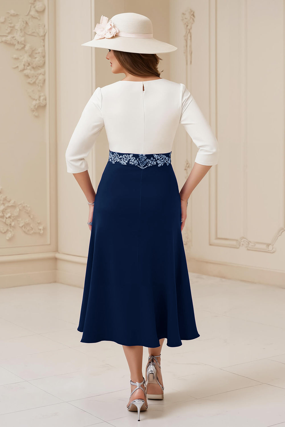 Navy A Line Bateau neck 3/4 Sleeve Midi Wedding Guest Dress with Appliques