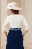 Navy A Line Bateau neck 3/4 Sleeve Midi Wedding Guest Dress with Appliques