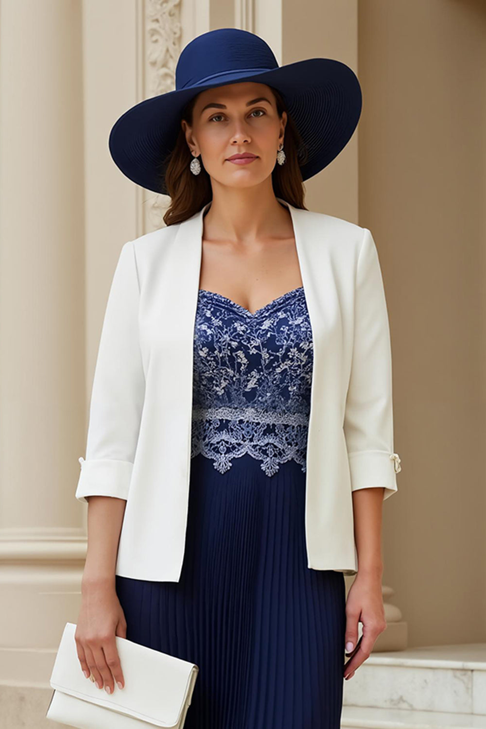 Navy Sweetheart A Line 2 Piece Midi Wedding Guest Dress with Lace