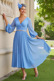 Light Blue A Line Chiffon Long Sleeve Wedding Guest Drses
