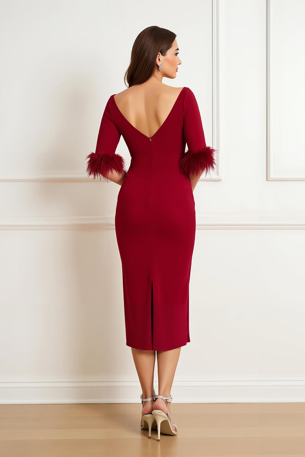 Dark Red Bateau Neck Ruched Sheath Wedding Guest Dress with Feathers