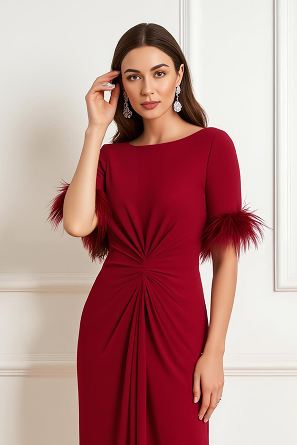 Dark Red Bateau Neck Ruched Sheath Wedding Guest Dress with Feathers