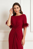 Dark Red Bateau Neck Ruched Sheath Wedding Guest Dress with Feathers