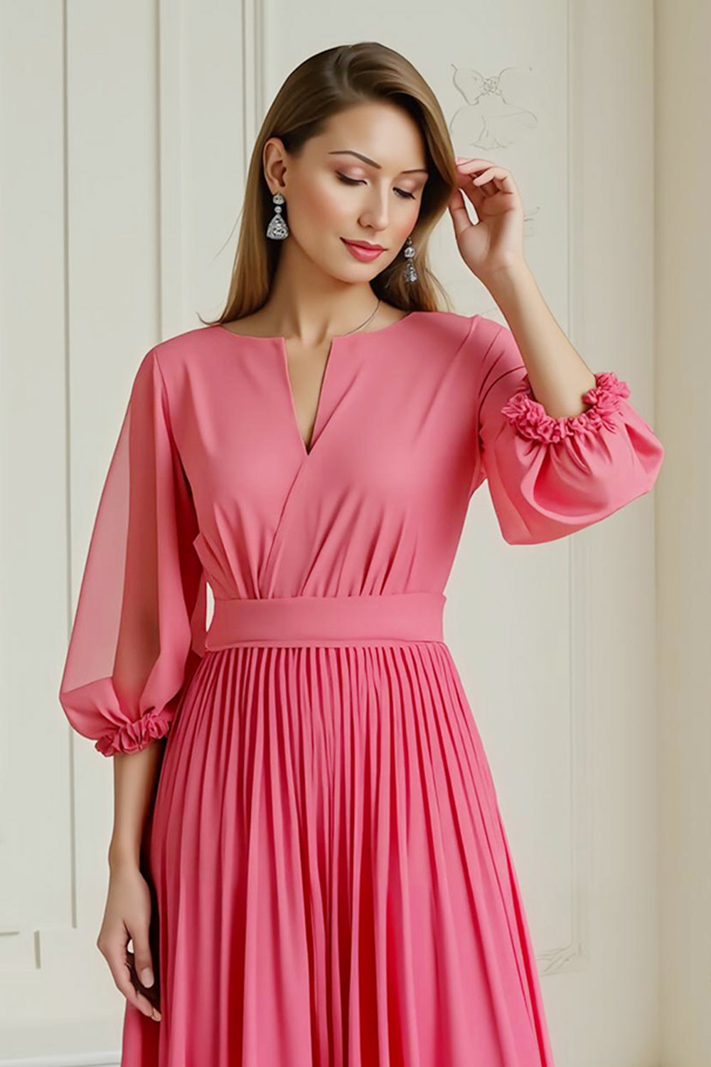Hot Pink A Line Pleated Chiffon Wedding Guest Dress