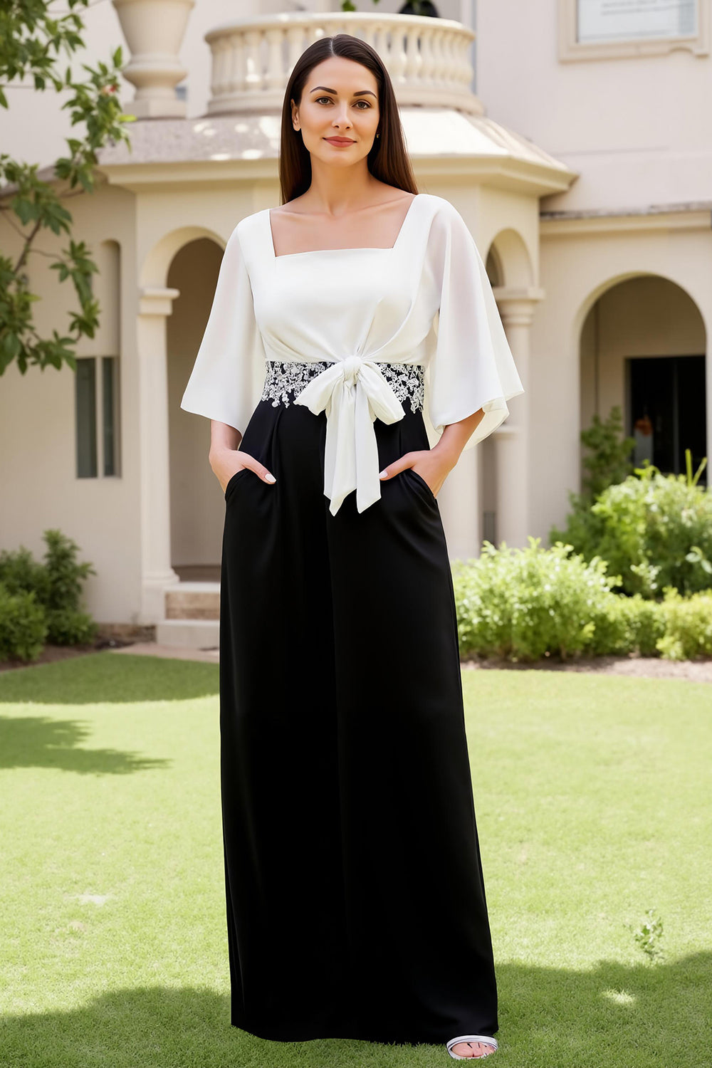 Black Square Neck A Line Chiffon Wedding Guest Dress