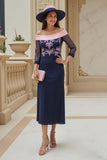 Off the Shoulder Chiffon Sheath Navy Wedding Guest Dress