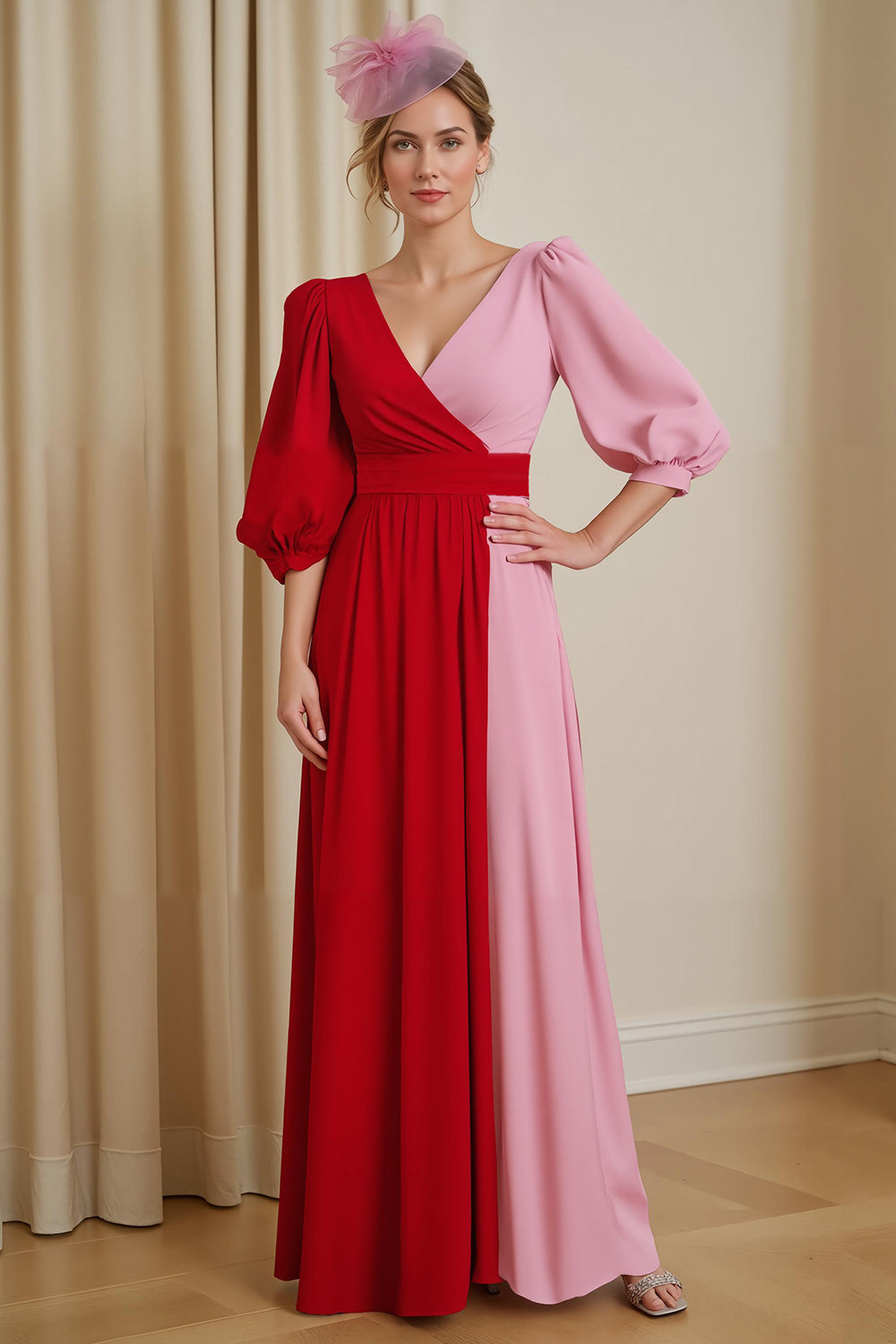 Red V Neck Chiffon A Line Wedding Guest Dress