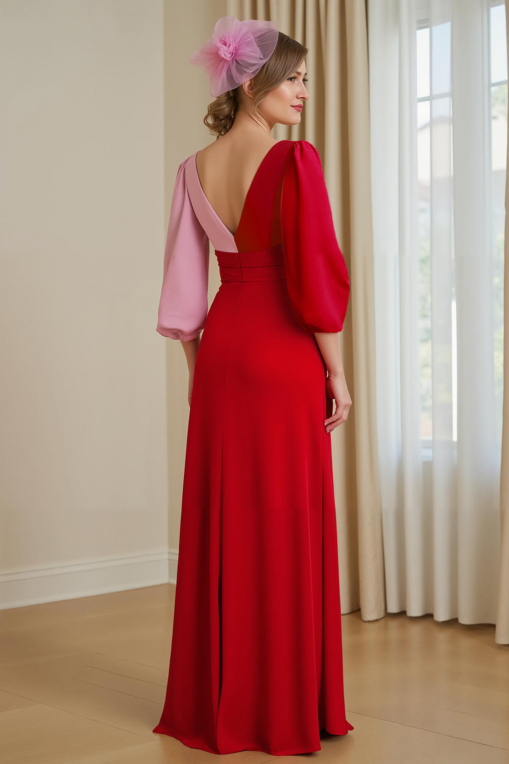 Red V Neck Chiffon A Line Wedding Guest Dress