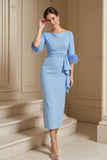 Light Blue Stretch Satin Bateau Neck Sheath Wedding Guest Dress with Feather