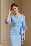 Light Blue Stretch Satin Bateau Neck Sheath Wedding Guest Dress with Feather