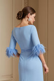 Light Blue Stretch Satin Bateau Neck Sheath Wedding Guest Dress with Feather