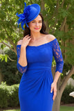 Royal Blue Lace Off the Shoulder Ruched Sheath Wedding Guest Dress