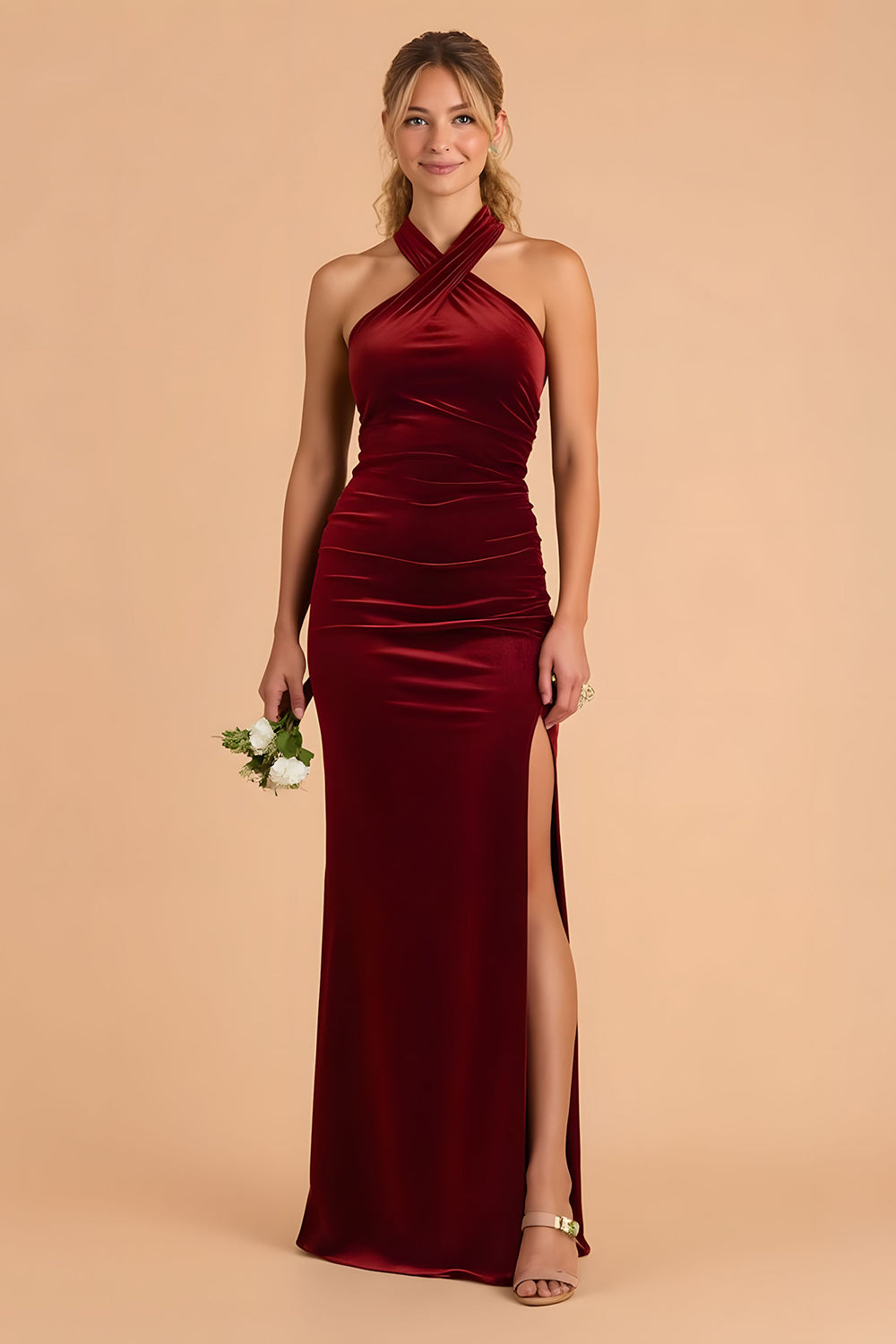 Burgundy High Neck Sheath Velvet Long Bridesmaid Dress