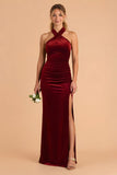Burgundy High Neck Sheath Velvet Long Bridesmaid Dress