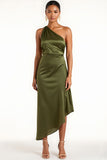 Olive One Shoulder Satin Tea Length Bridesmaid Dress