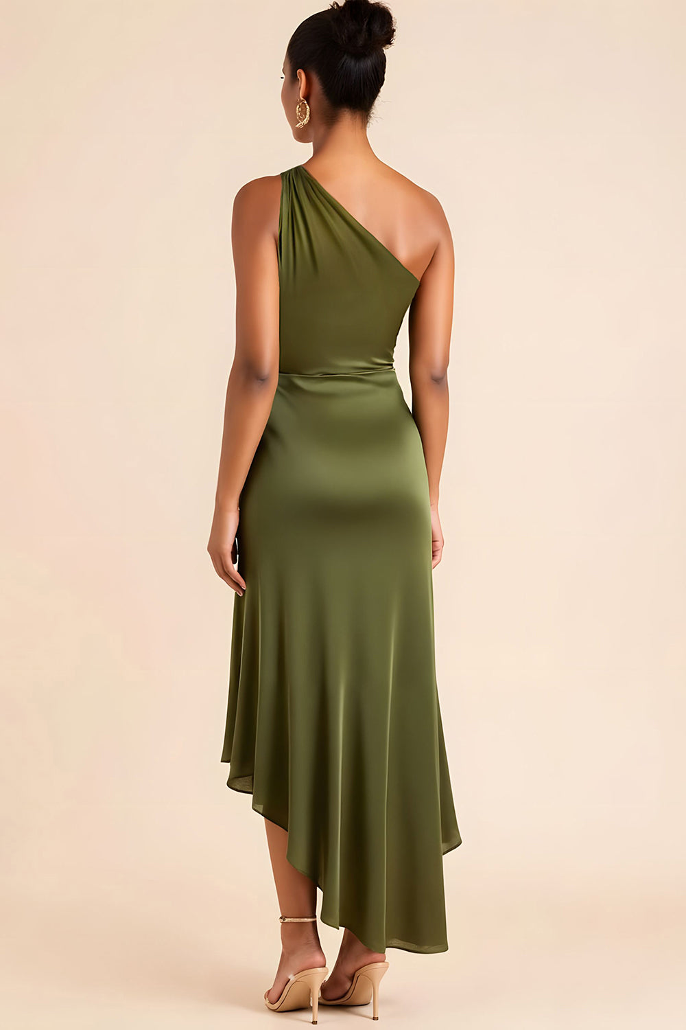 Olive One Shoulder Satin Tea Length Bridesmaid Dress