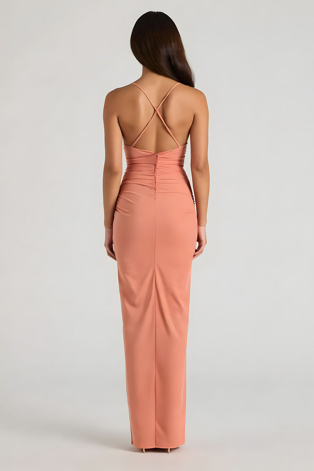 Sunset Spaghetti Straps Sheath Ruched Long Bridesmaid Dress
