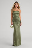 Olive Satin Ruched Spaghetti Straps Long Sheath Bridesmaid Dress