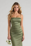 Olive Satin Ruched Spaghetti Straps Long Sheath Bridesmaid Dress