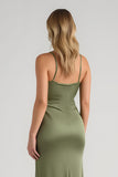 Olive Satin Ruched Spaghetti Straps Long Sheath Bridesmaid Dress