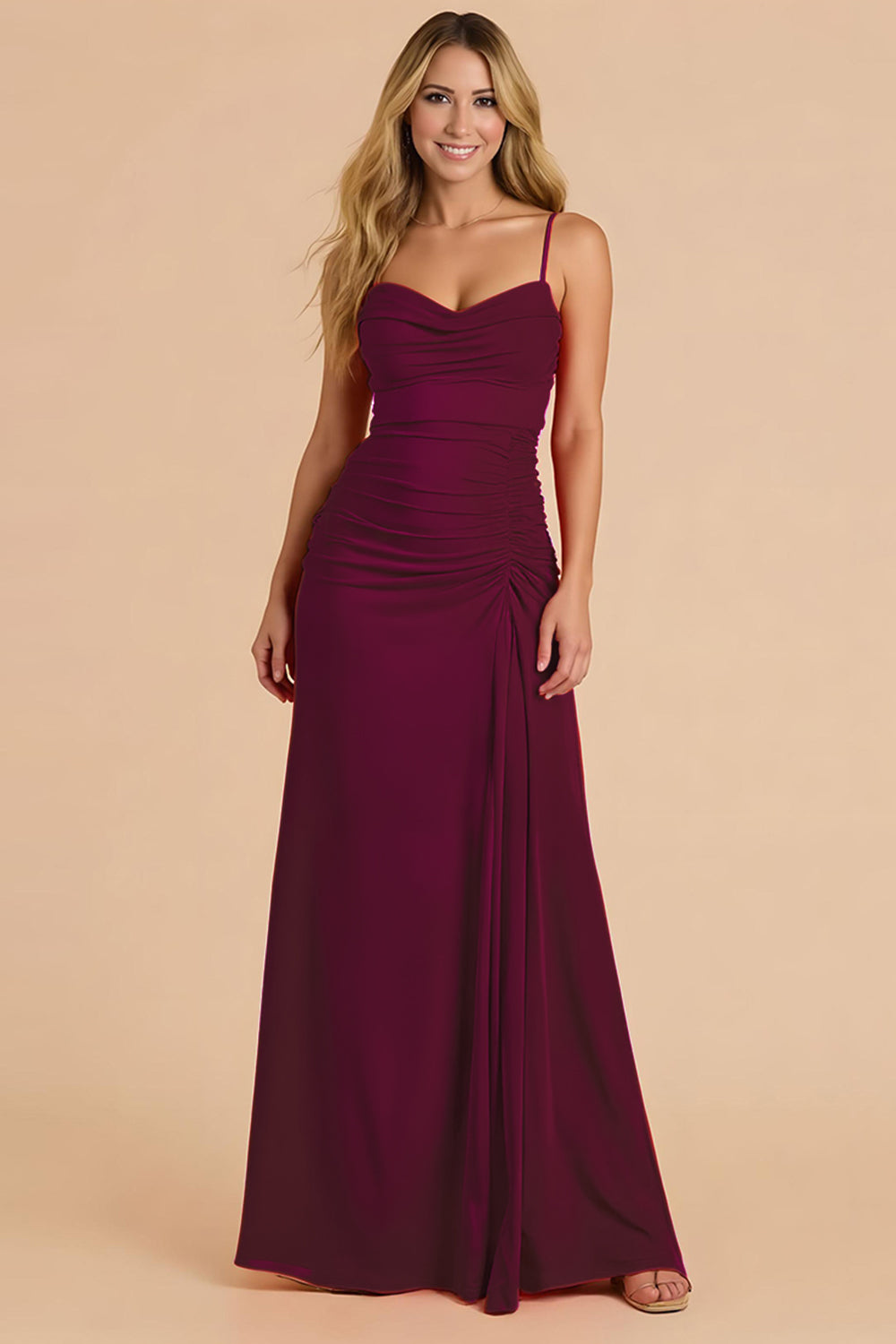 Burgundy Spagheeti Straps Ruched Sheath Long Bridesmaid Dress
